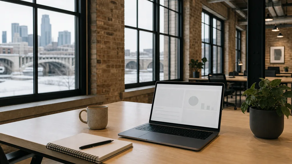 Editorial photograph of an empty modern B2B agency workspace in a Minneapolis warehouse conversion with a laptop showing a blank dashboard, a notebook and a ceramic mug on a light birch desk, exposed brick and black steel window frames, lit by cool bright northern winter daylight