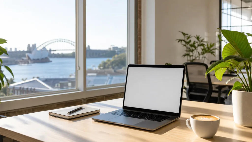 Editorial photograph of an empty modern B2B agency workspace in a Sydney harbourside studio with a laptop showing a blank screen, a notebook and a flat white on a pale timber desk, white walls, indoor greenery and large windows, lit by bright clear southern-hemisphere morning light