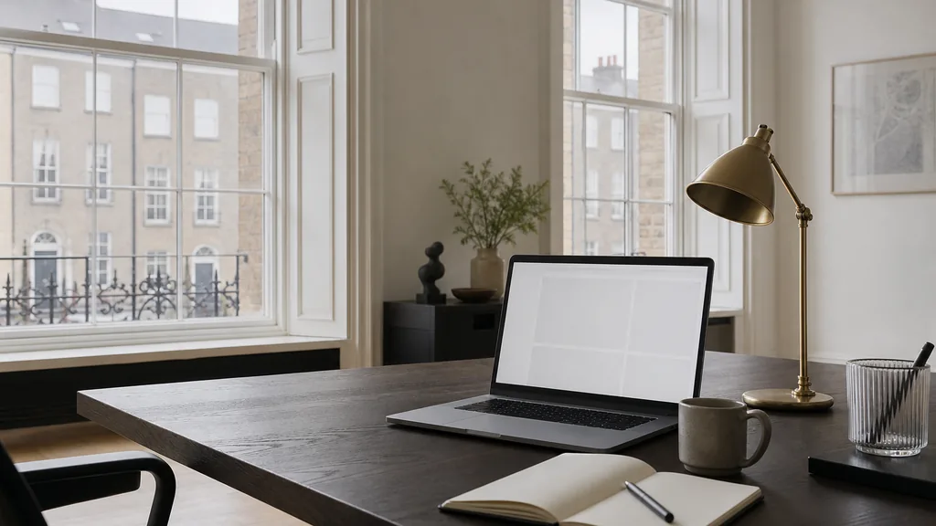 Editorial photograph of an empty modern B2B agency workspace in a Dublin Georgian office with a laptop showing a blank dashboard, a notebook and a coffee cup on a dark oak desk, tall sash windows, pale plaster walls and a brass lamp, lit by soft overcast Irish morning light