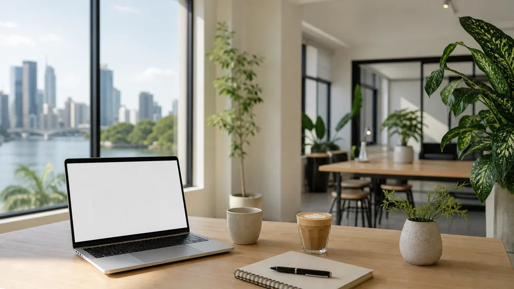 Editorial photograph of an empty modern B2B agency workspace in a Brisbane riverside studio with a laptop showing a blank screen, a notebook and a flat white on a pale timber desk, white walls, indoor greenery and wide windows, lit by bright warm subtropical morning light