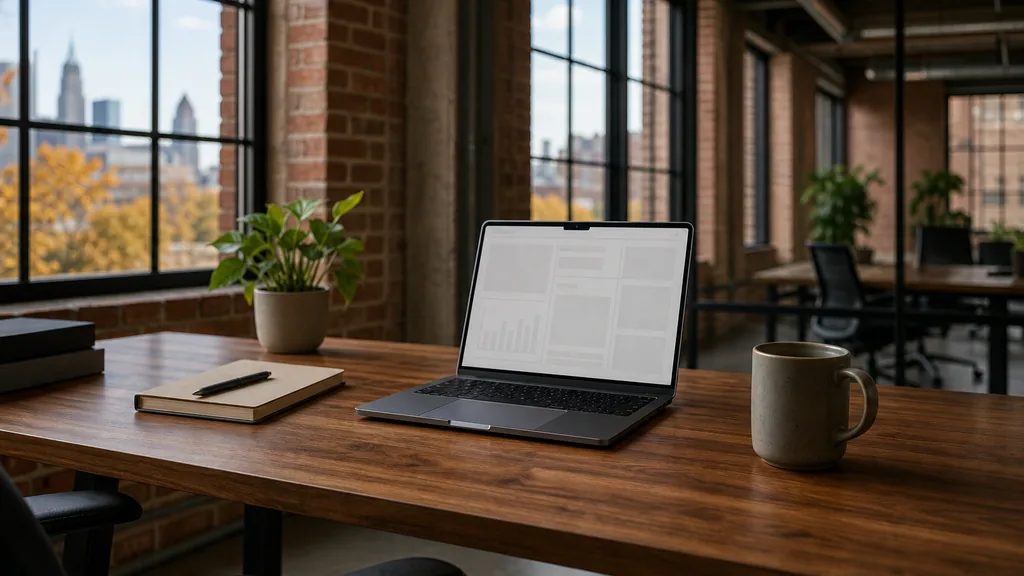 Editorial photograph of an empty modern B2B agency workspace in a Columbus brick warehouse conversion with a laptop showing a blank dashboard, a notebook and a ceramic mug on a walnut desk, exposed brick, black steel window frames and a plant, lit by clear autumn midwestern daylight