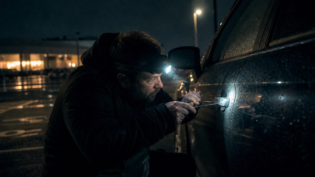 Locksmith crouched at a car door in a dark car park at night with a headlamp beam on the lock and a long reach tool in hand
