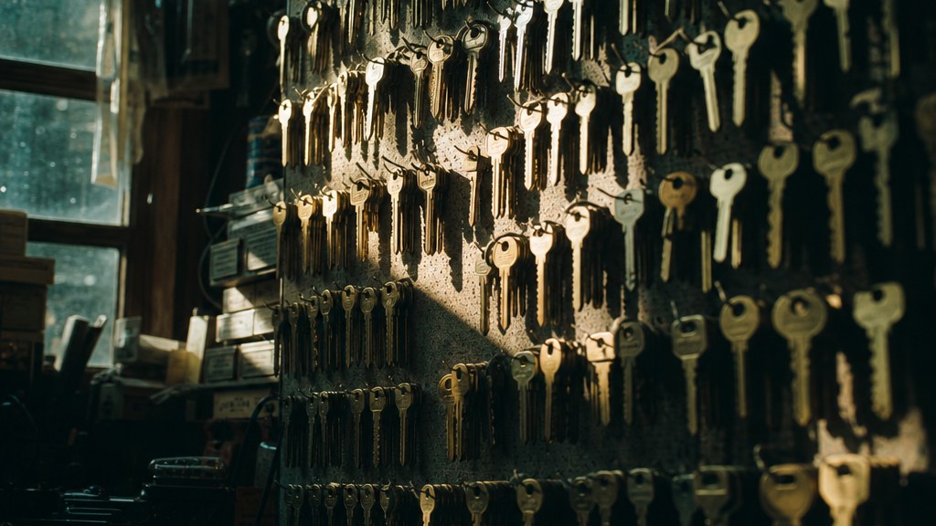 Shop wall of hundreds of hanging brass key blanks with one empty hook in a diagonal shaft of window light