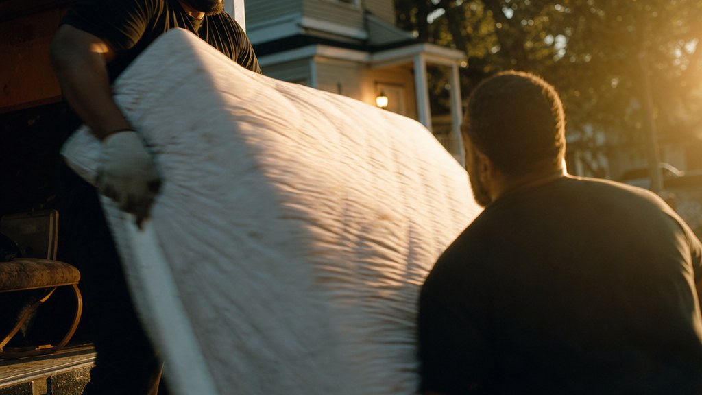 Two junk removal workers heaving an old mattress into a box truck on a suburban driveway at golden hour
