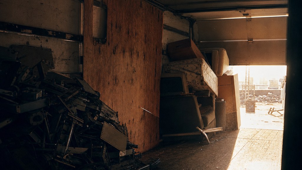 Interior of a half-full box truck with scrap metal, cardboard and furniture sorted behind a plywood divider