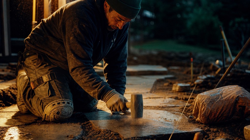 Landscaper in knee pads tamping a flagstone into a half-finished paver patio at dawn with dew steaming off the stone