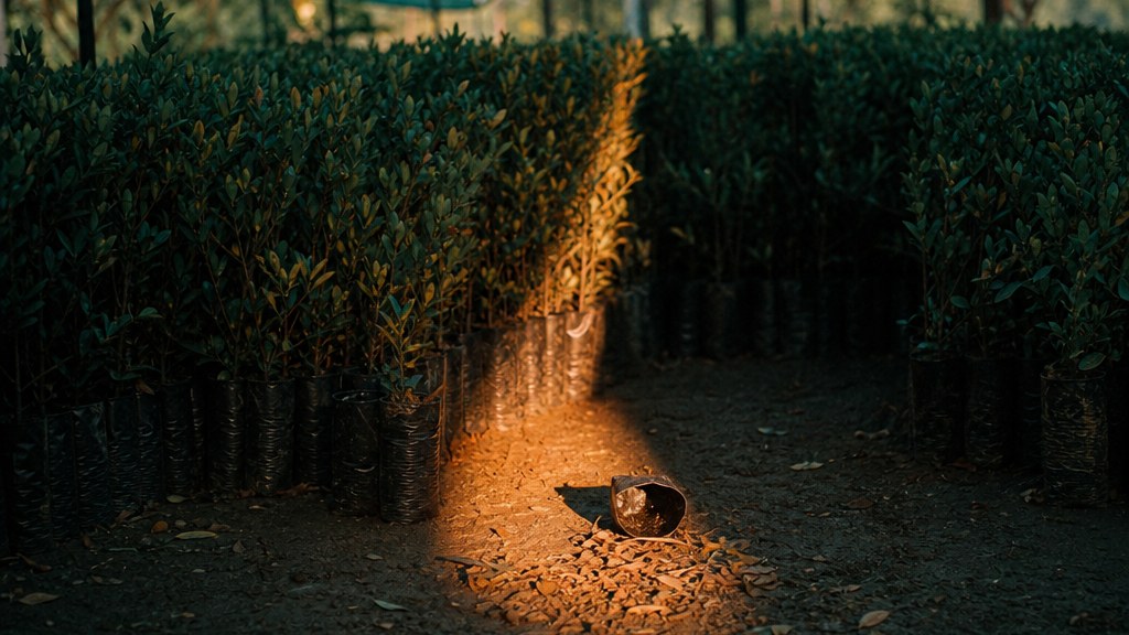 Rows of nursery shrubs in black pots under shadecloth with one gap and a diagonal shaft of afternoon light