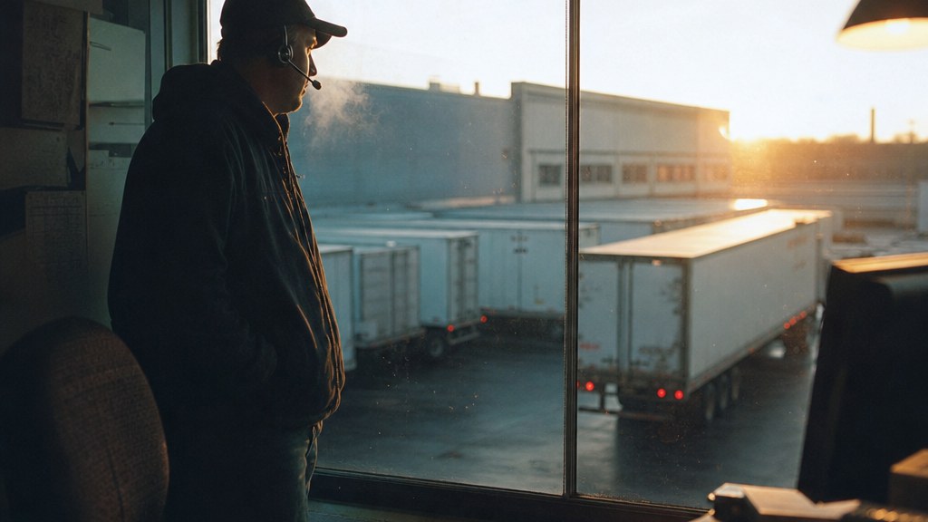 Dispatcher at a warehouse office window at dawn with a headset on watching trailers back into the dock below