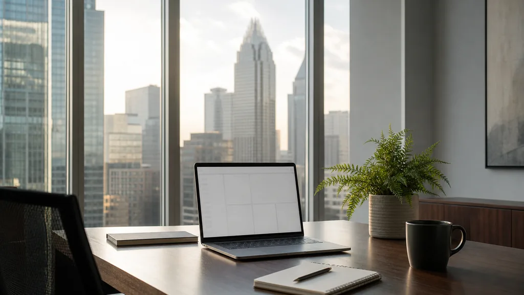 Editorial photograph of an empty modern B2B agency workspace in a Charlotte uptown office with a laptop showing a blank dashboard, a notebook and a coffee cup on a walnut desk, floor-to-ceiling windows, pale grey walls and a potted fern, lit by soft southern morning light