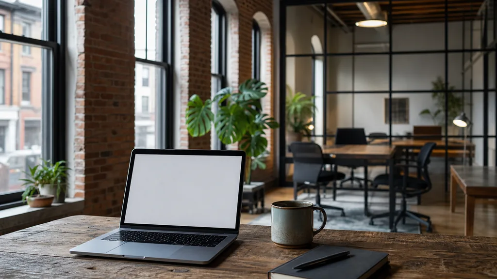 Editorial photograph of an empty modern B2B agency workspace in a Baltimore rowhouse studio conversion with a laptop showing a blank screen, a notebook and a ceramic mug on a reclaimed timber desk, exposed brick, tall arched windows and black steel frames, lit by cool mid-Atlantic morning light