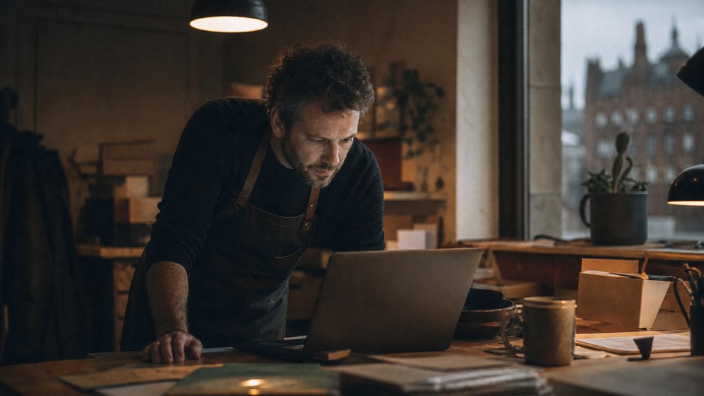 A small-business owner in an apron leaning over a laptop on a cluttered back-office desk late in the day, photographed in Cardiff