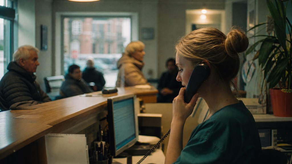 A clinic receptionist taking a phone call at a busy front desk with patients waiting, photographed in Dublin