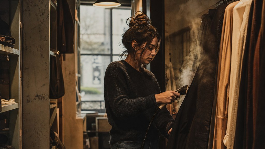 A boutique owner steaming garments in a narrow shop stockroom at opening time, photographed in Dublin