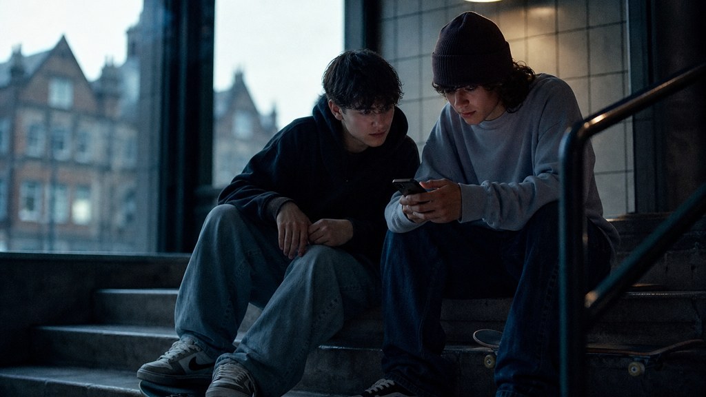 Two teenagers on skateboards looking at a phone on a set of concrete steps, photographed in Dublin