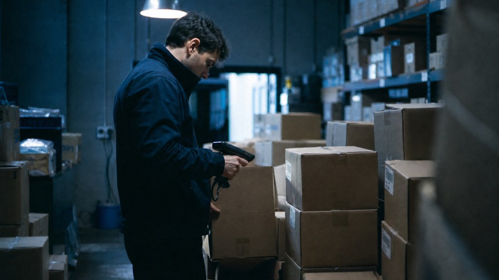 A seller checking barcodes on stacked cartons in a garage stockroom, photographed in Dublin