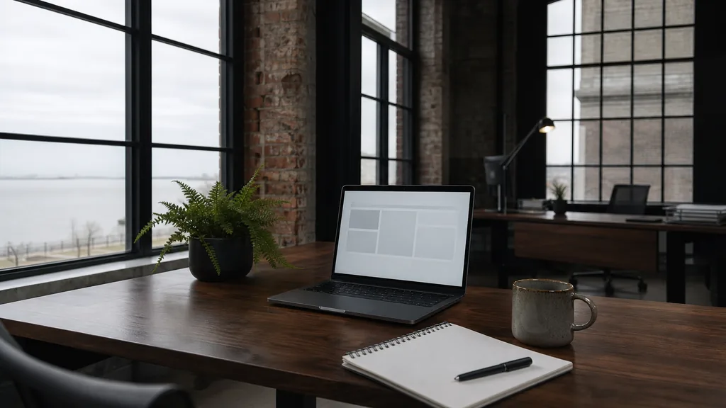 Editorial photograph of an empty modern B2B agency workspace in a Cleveland brick warehouse conversion with a laptop showing a blank dashboard, a notebook and a ceramic mug on a walnut desk, exposed brick, black steel window frames and a potted fern, lit by cool overcast lakefront morning light