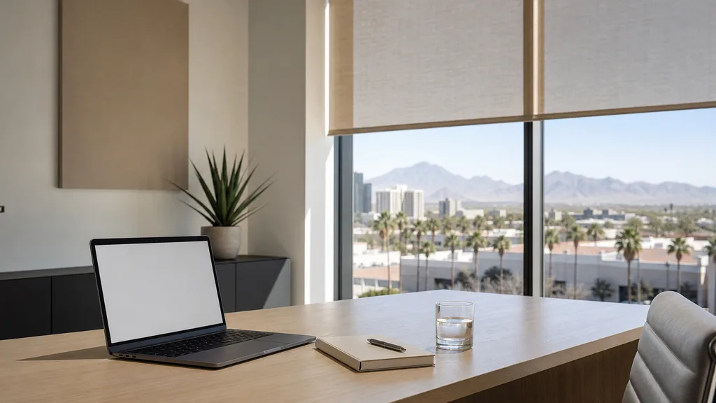 Editorial photograph of an empty modern B2B agency workspace in a Las Vegas low-rise office suite with a laptop showing a blank screen, a notebook and a glass of water on a pale oak desk, white walls, a linen blind half drawn and a desert plant, lit by bright dry morning light
