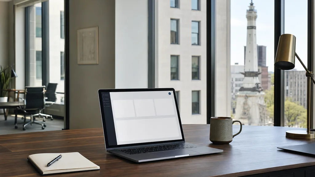 Editorial photograph of an empty modern B2B agency workspace in an Indianapolis limestone office building with a laptop showing a blank dashboard, a notebook and a coffee cup on a dark walnut desk, tall windows, pale grey walls and a brass desk lamp, lit by clear midwestern spring light