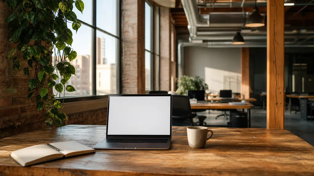 Editorial photograph of an empty modern B2B agency workspace in a Kansas City converted loft office with a laptop showing a blank screen, a notebook and a ceramic mug on a reclaimed timber desk, exposed ductwork, tall industrial windows and a trailing plant, lit by warm plains afternoon light