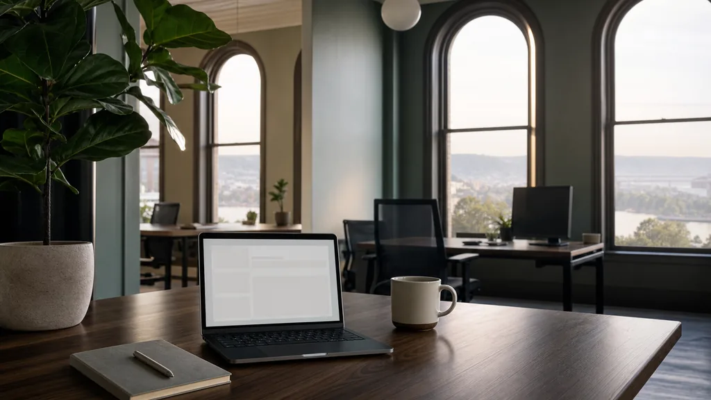 Editorial photograph of an empty modern B2B agency workspace in a Cincinnati italianate office conversion with a laptop showing a blank dashboard, a notebook and a coffee cup on a walnut desk, tall arched windows, soft green walls and a potted fig, lit by hazy river valley morning light
