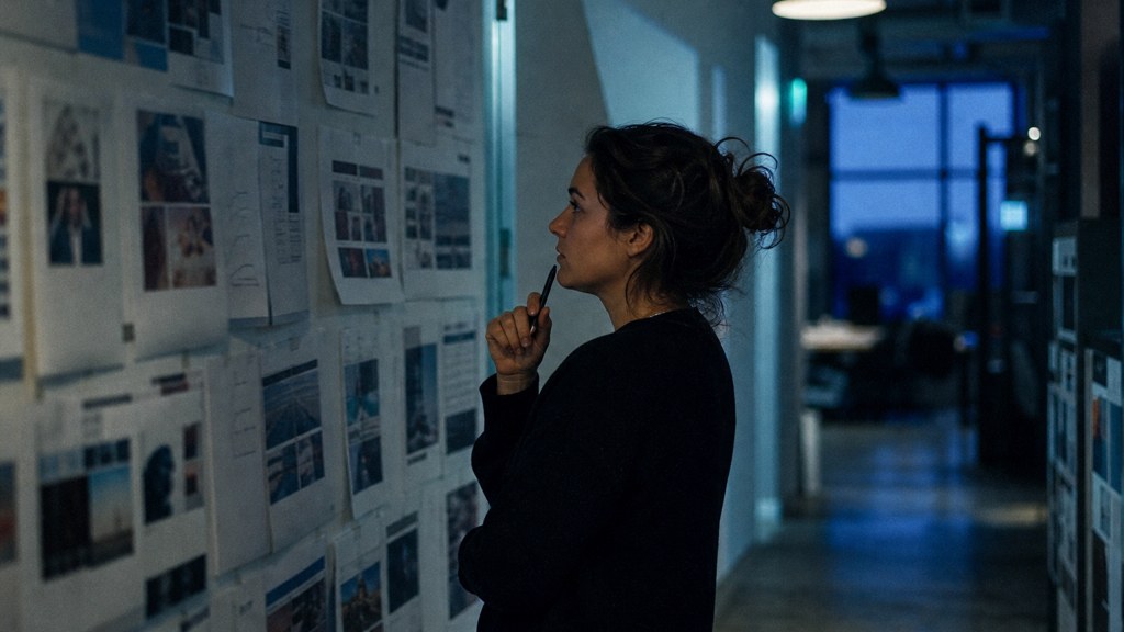 A media planner standing at a wall of printed layouts in a narrow agency corridor, photographed in Dublin