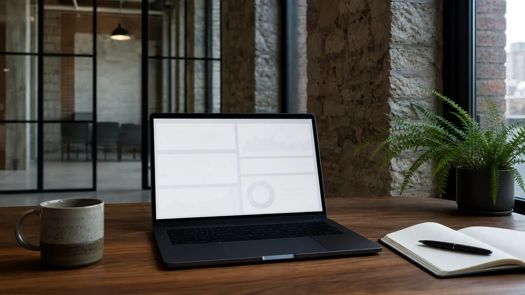 Editorial photograph of an empty modern B2B agency workspace in a Montreal stone and brick office conversion with a laptop showing a blank dashboard, a notebook and a ceramic mug on a walnut desk, an exposed stone wall, black steel window frames and a potted fern, lit by cool northern morning light