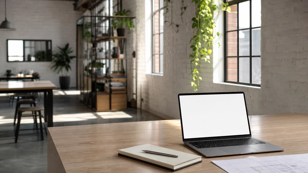 Editorial photograph of an empty modern B2B agency workspace in a Melbourne warehouse conversion off a bluestone laneway with a laptop showing a blank screen, a notebook and a flat white on a pale oak desk, whitewashed brick, tall industrial windows and a trailing plant, lit by bright southern morning light