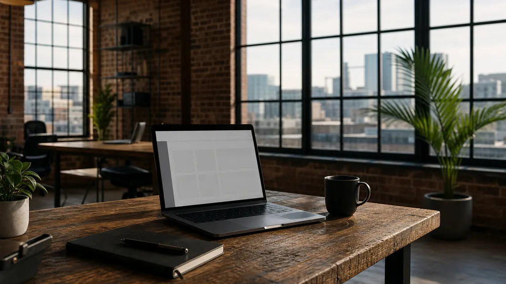 Editorial photograph of an empty modern B2B agency workspace in a Nashville brick warehouse office with a laptop showing a blank dashboard, a notebook and a ceramic mug on a reclaimed oak desk, exposed brick, black steel windows and a potted palm, lit by warm Tennessee afternoon light