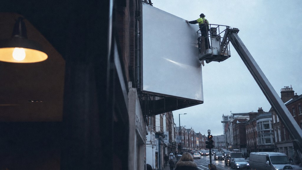 A crew member on a lift installing a blank billboard panel above a busy street, photographed in Dublin