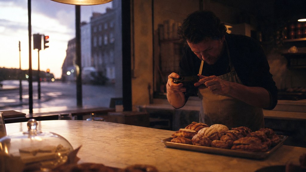 A bakery owner photographing a tray of pastries on a marble counter at dawn, photographed in Dublin