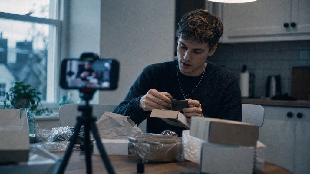 A customer filming an unboxing on a kitchen table strewn with packaging, photographed in Dublin