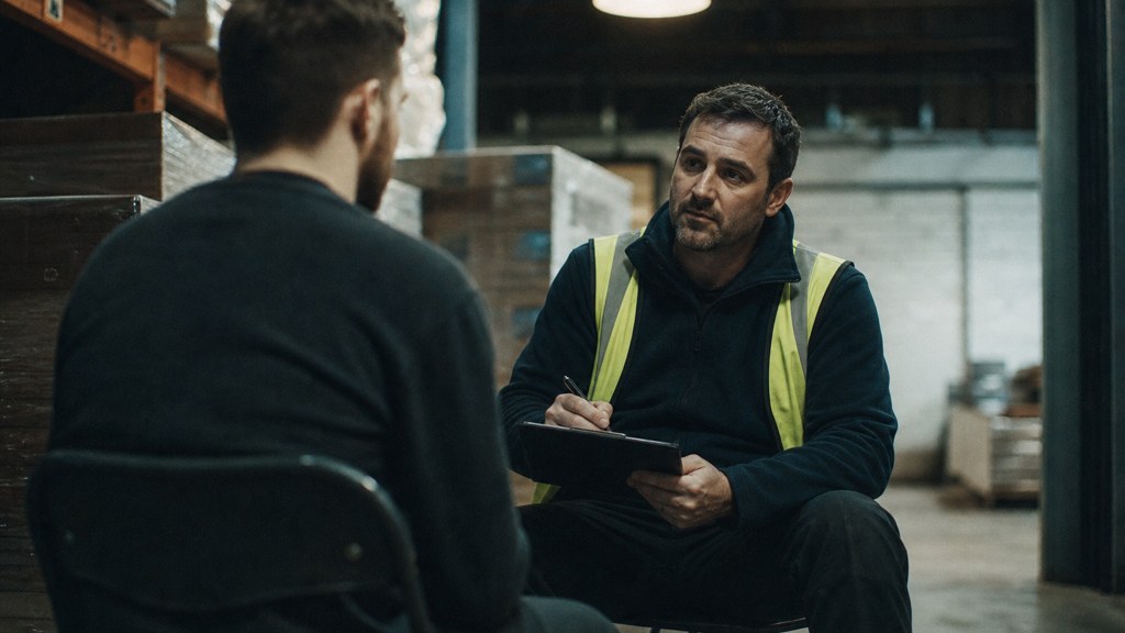 A warehouse supervisor interviewing a candidate on folding chairs beside stacked pallets, photographed in Dublin