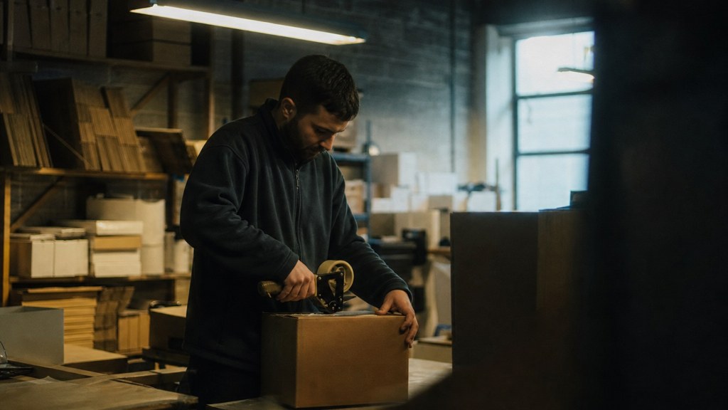 A warehouse worker taping shipping boxes under strip lighting in a small fulfilment room, photographed in Dublin
