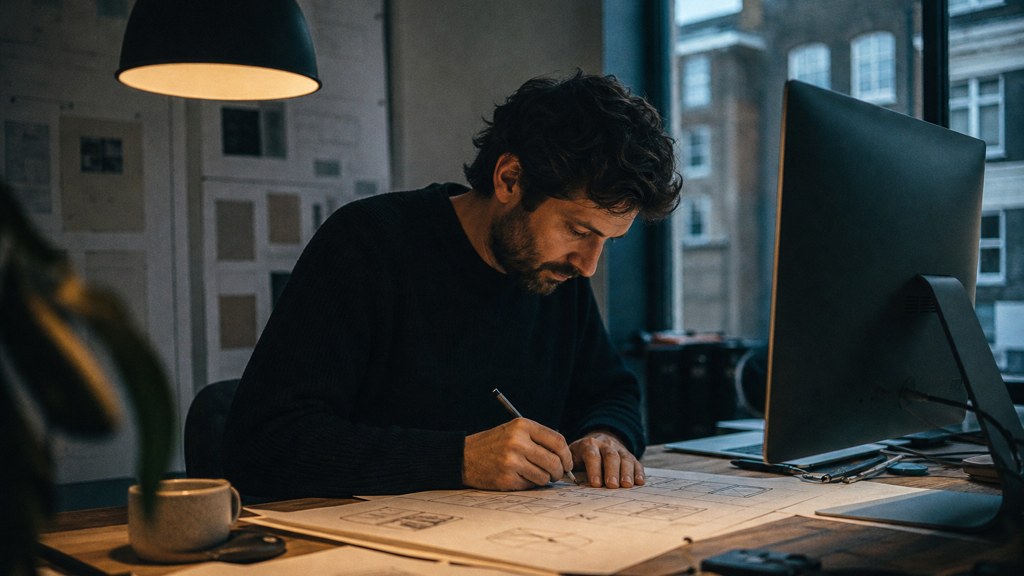 A studio designer sketching a page layout on paper beside a monitor in a dim room, photographed in Dublin