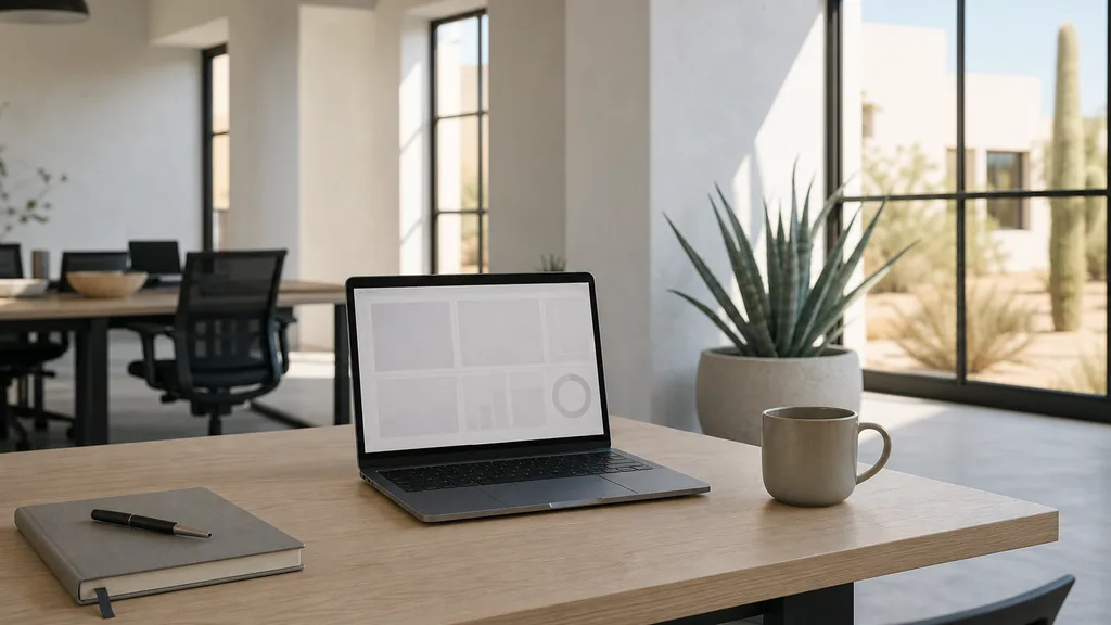 Editorial photograph of an empty modern B2B agency workspace in a Phoenix desert modern office with a laptop showing a blank dashboard, a notebook and a ceramic mug on a pale oak desk, white stucco walls, dark steel framed windows and a potted agave, lit by bright Sonoran morning light