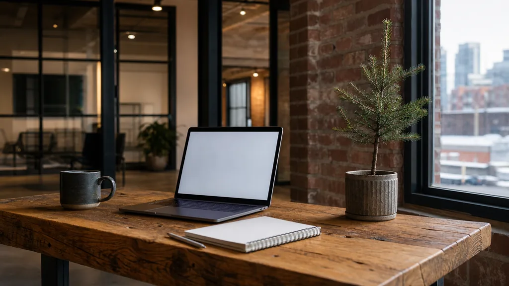 Editorial photograph of an empty modern B2B agency workspace in a Calgary Beltline brick and timber office conversion with a laptop showing a blank screen, a notebook and a mug on a reclaimed fir desk, exposed brick, black steel windows and a potted spruce seedling, lit by crisp prairie winter light