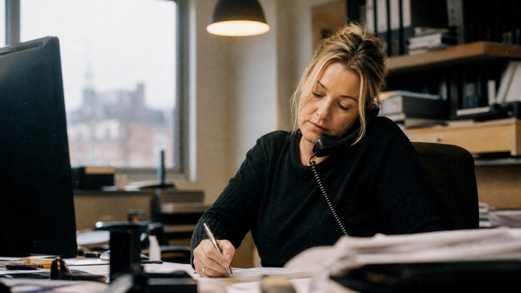 An office manager at a cluttered desk with a landline handset tucked under one ear, photographed in Dublin