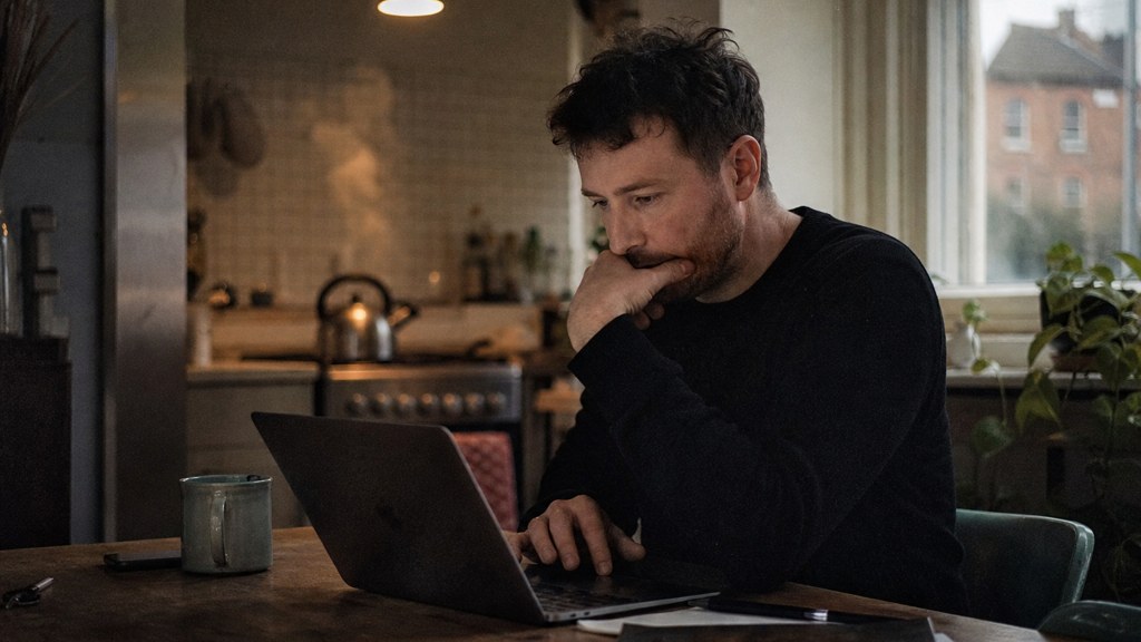 A service-business owner at a kitchen table typing a question into a laptop while a kettle steams behind, photographed in Dublin