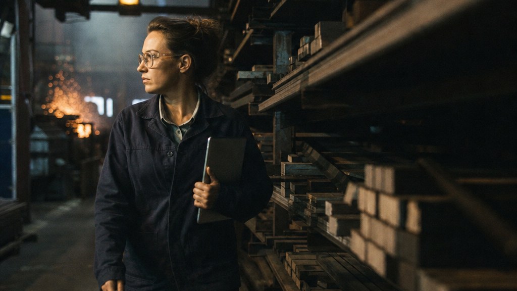Woman in safety glasses walking an aisle of steel stock racks with a tablet under her arm