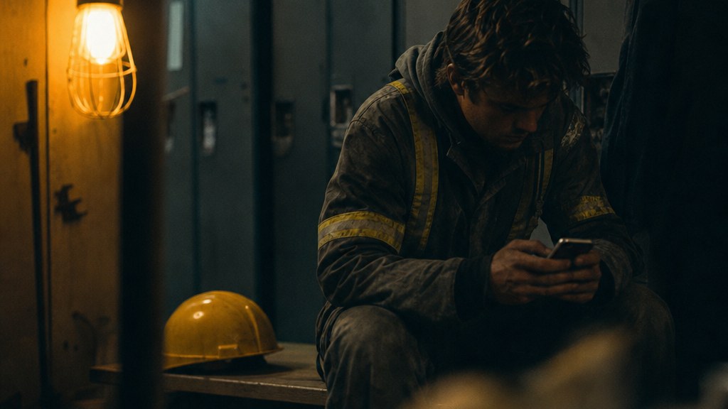 Young machine operator on a break scrolling an assistant app on a phone with a hard hat on the locker room bench