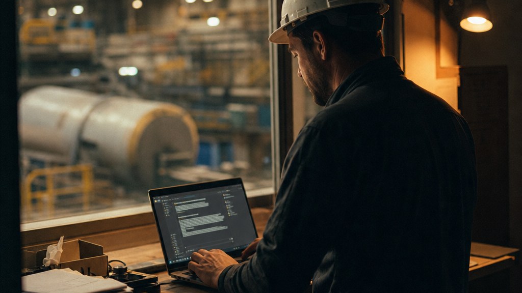 Plant engineer typing a sourcing question into a chat window on a laptop in a factory office with machinery beyond the glass
