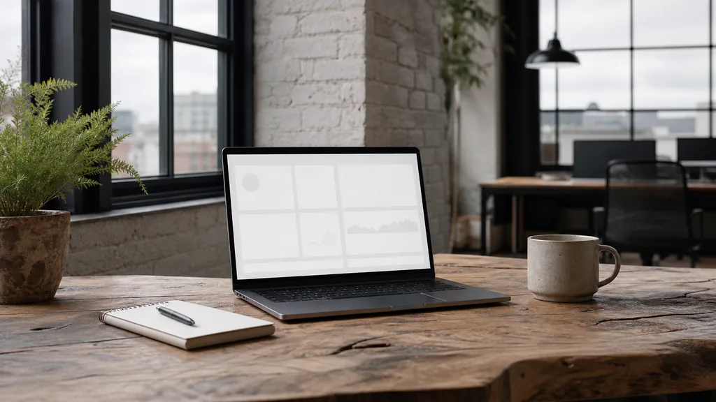 Editorial photograph of an empty modern B2B agency workspace in a Portland warehouse loft with a laptop showing a blank dashboard, a notebook and a stoneware mug on a reclaimed Douglas fir desk, whitewashed brick, black steel factory windows and a potted fern, lit by soft overcast Pacific Northwest light