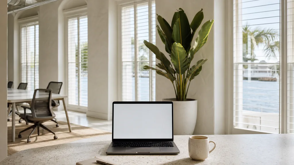 Editorial photograph of an empty modern B2B agency workspace in a Tampa waterfront office with a laptop showing a blank dashboard, a notebook and a ceramic mug on a pale terrazzo desk, white plaster walls, tall shuttered windows and a potted bird of paradise, lit by warm Gulf Coast morning light