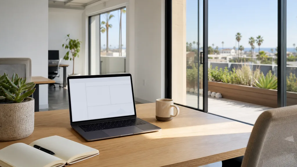 Editorial photograph of an empty modern B2B agency workspace in a San Diego coastal modern office with a laptop showing a blank dashboard, a notebook and a ceramic mug on a light oak desk, white walls, sliding glass doors onto a planted terrace and a potted succulent, lit by bright clear Southern California light