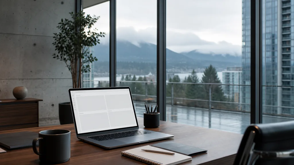 Editorial photograph of an empty modern B2B agency workspace in a Vancouver glass tower with a laptop showing a blank dashboard, a notebook and a mug on a walnut desk, a pale concrete wall, floor to ceiling windows onto rain wet cedar and mountain haze, lit by cool soft West Coast light