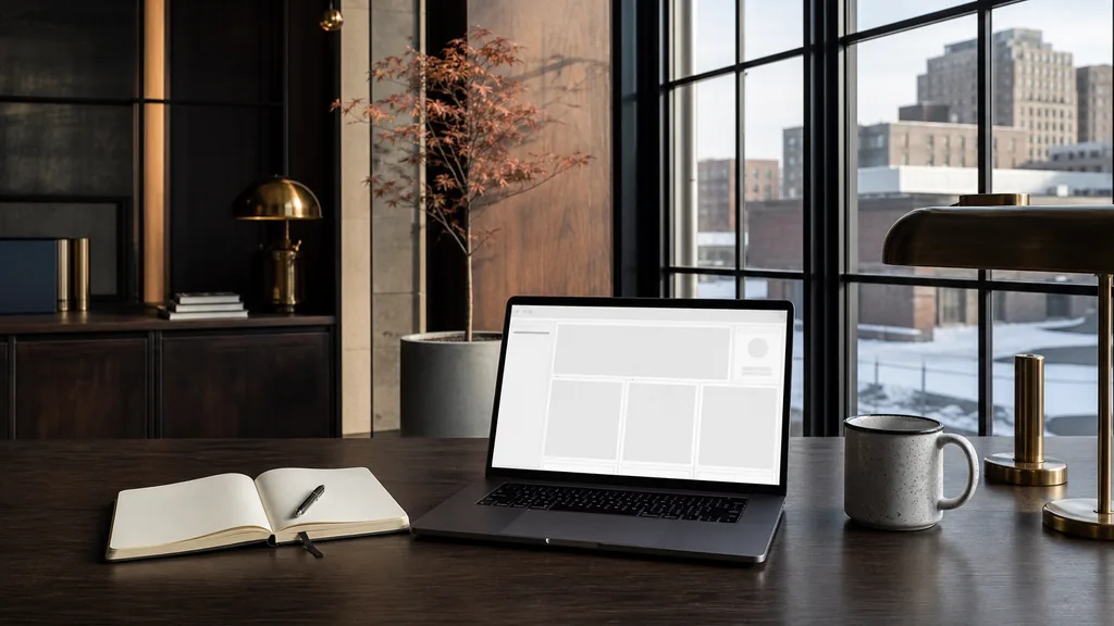 Editorial photograph of an empty modern B2B agency workspace in a restored Detroit art deco office with a laptop showing a blank dashboard, a notebook and an enamel mug on a dark walnut desk, brass fittings, tall steel framed windows and a potted maple sapling, lit by low bright Midwest winter light