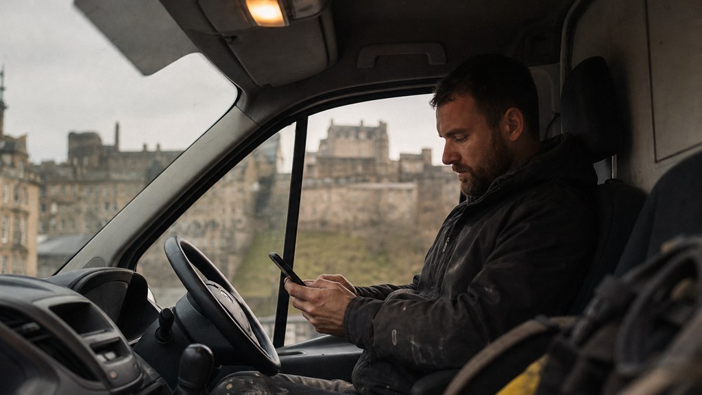 A contractor sitting in the cab of a work van reviewing a phone before driving off, photographed in Edinburgh
