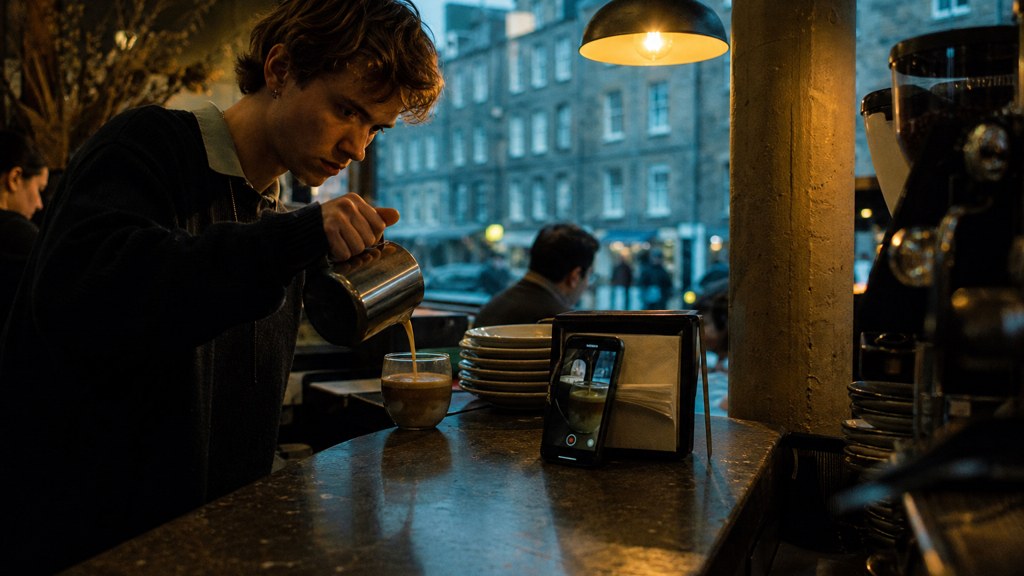 A young cafe worker filming a drink being poured on a phone propped against a napkin holder, photographed in Edinburgh