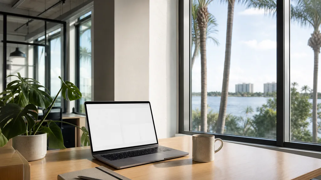 Editorial photograph of an empty modern B2B agency workspace in an Orlando lakeside office with a laptop showing a blank dashboard, a notebook and a ceramic mug on a pale oak desk, white plaster walls, tall windows onto palms and water and a potted monstera, lit by bright humid Florida morning light