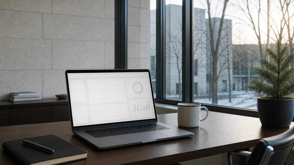 Editorial photograph of an empty modern B2B agency workspace in an Ottawa limestone and glass office with a laptop showing a blank dashboard, a notebook and an enamel mug on a dark walnut desk, a pale stone wall, tall steel framed windows onto bare maples and a potted spruce sapling, lit by crisp northern morning light